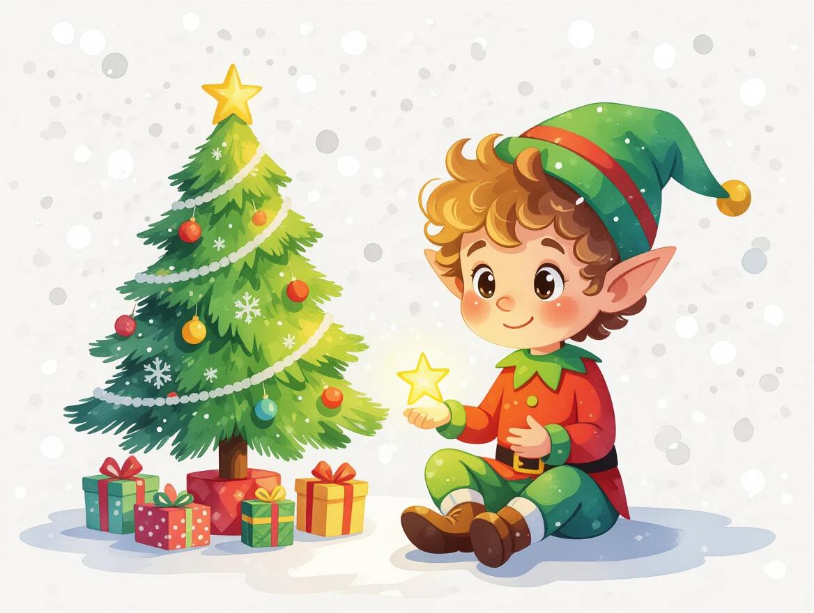 A cheerful little elf with curly hair sits cross-legged in front of a Christmas tree. He wears a red and green outfit. Snowflakes gently fall. The elf holds a glowing star. A toy train circles the tree. The background is white and vibrant.