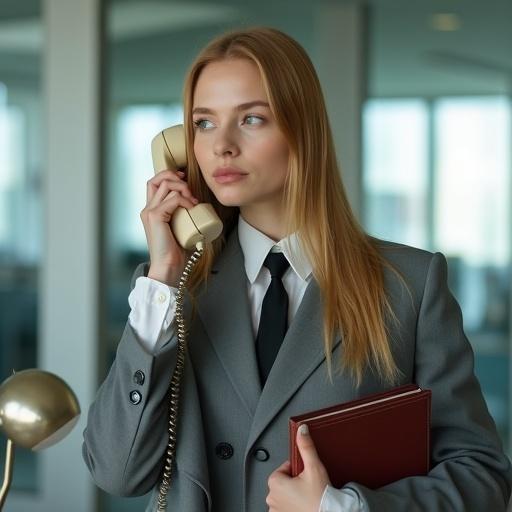 Medium close-up portrait of a young Norwegian woman in a deconstructed grey suit. She has long strawberry-blonde hair. Her expression is neutral. She holds a vintage corded telephone and a hardcover book. The setting is a softly lit modern office with glass walls and neutral tones.