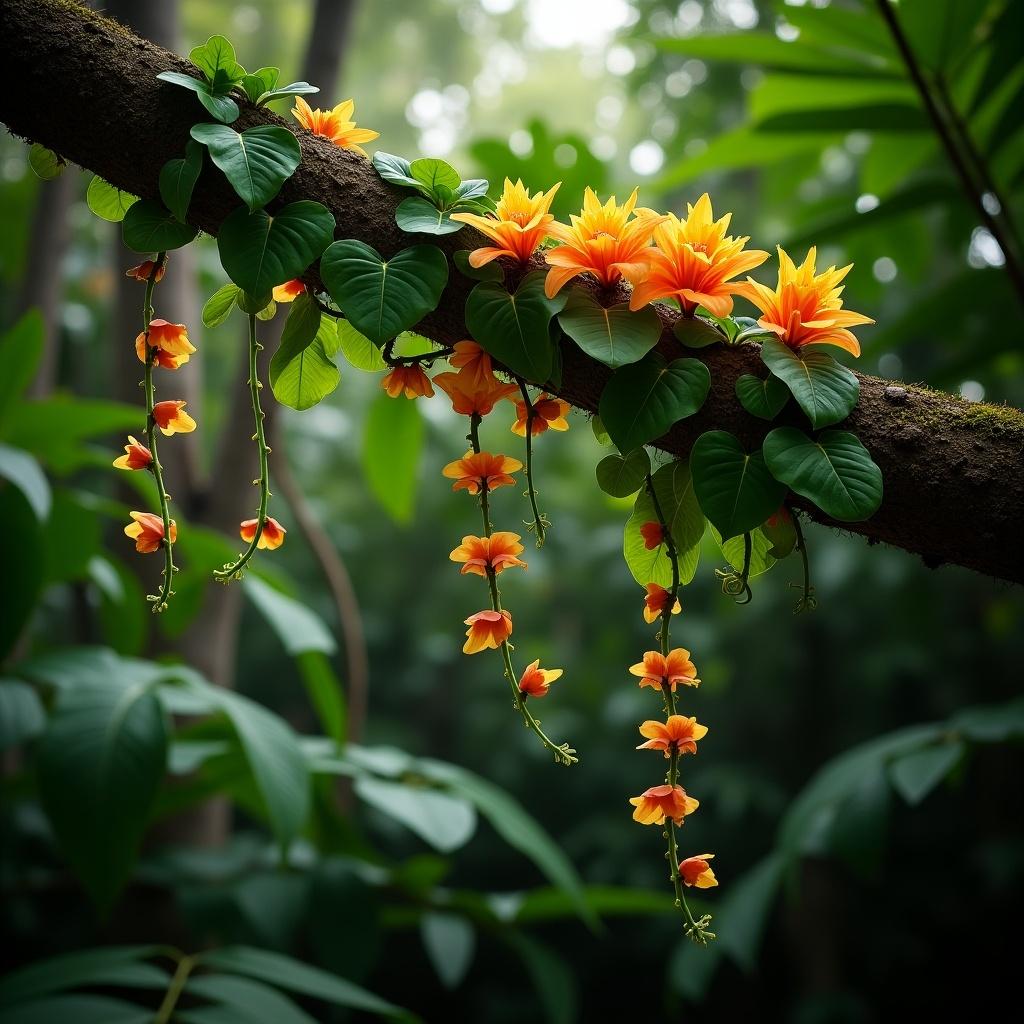 This image showcases a beautiful liana draped elegantly over a mossy branch in a tropical forest. The focal point features vibrant orange flowers that bloom strikingly against rich green leaves. Cascading down are smaller flower clusters that add depth and texture to the scene. The soft, diffused light filtering through the forest canopy creates a serene ambiance. This snapshot captures the essence of biodiversity and the delicate beauty of nature's floral arrangements.