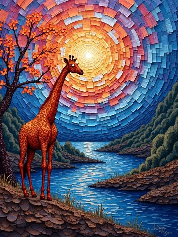 A colorful landscape featuring a giraffe by a river. Bright sunset with swirling patterns. Vibrant colors and iridescent details. Perfect composition with thick paint techniques.