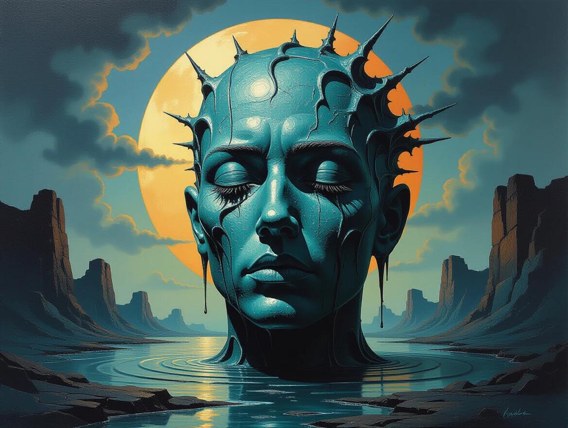 A large sculptural form depicted in Neotribal style. The surface appears like liquid metal. Thick oil paint creates a rough, matte texture. The landscape is dark and brooding. The atmosphere is surreal and metaphysical. Influenced by Boris Vallejo's style.