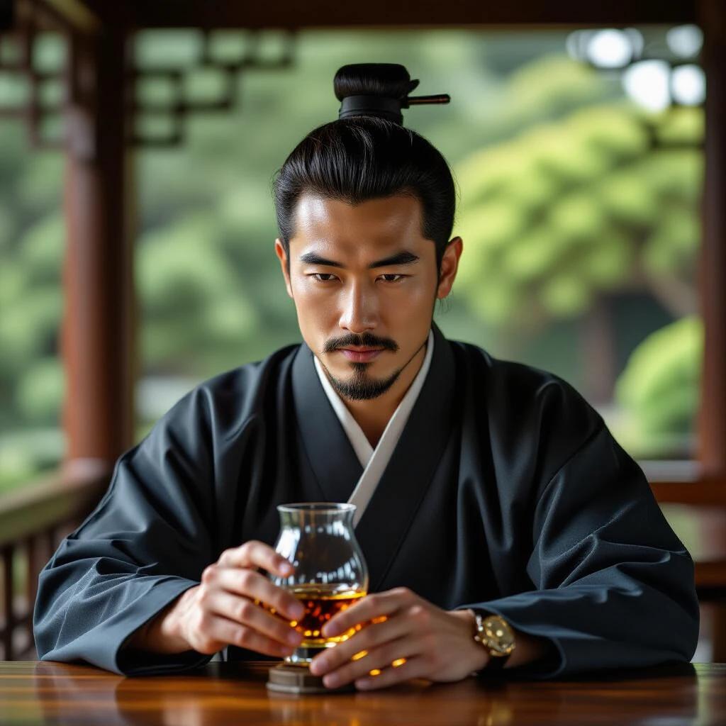 A young scholar dressed in traditional attire enjoys whiskey at a wooden table. The setting is tranquil with green trees in the background. Soft natural lighting enhances the scene's serenity.