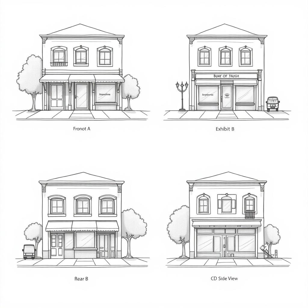 Illustration of a physical store from different perspectives. Front view showcases exterior design. Rear view highlights back entrance and layout. Right side view presents side facade. Left side view displays additional architectural elements.