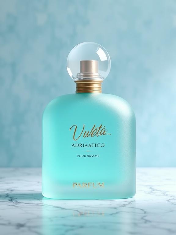 Luxurious photo-realistic image of perfume bottle. Ice frosted gradient color aquamarina and turquoise minimalist glass bottle. Label reads 'VULETTA' at the top, 'ADRIATICO' in flowing script below, 'POUR HOMME' in smaller font below that. 'PARFUM' in gold foil at bottom. Pale aquamarine liquid glows softly. Style clean, modern. Background textured light blue with diffused lighting. Light marble surface.