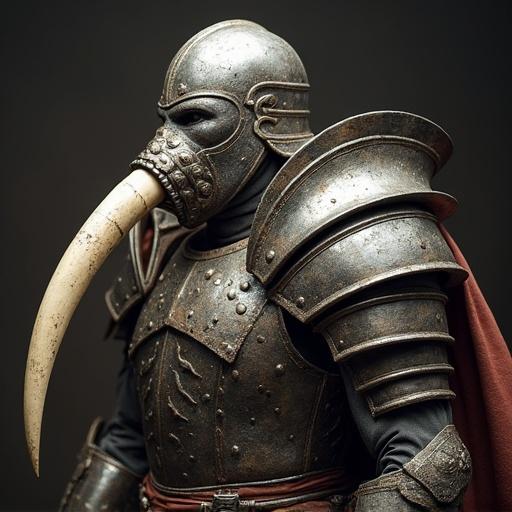 A tusk covered in armor plating. Intricate details on the armor. The tusk prominently displayed. Dark background enhances presence. Dramatic silhouette with highlights on metal.