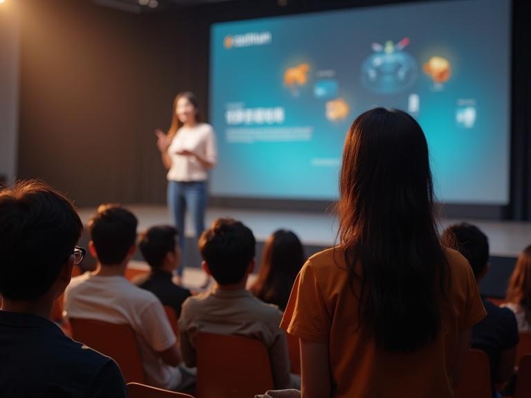 An ultra-realistic scene featuring a female speaker presenting to an audience at a technology conference. The stage background displays a logo titled 'Centrium'. The audience appears engaged and is casually dressed.