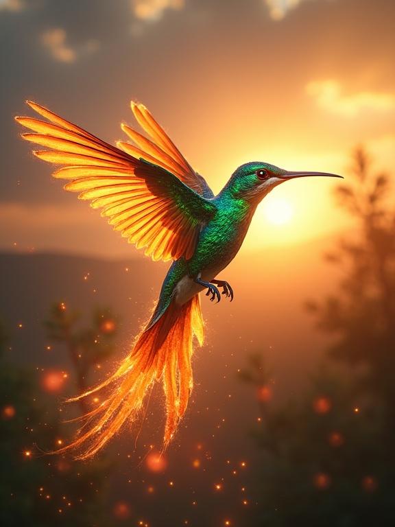 A hybrid bird blends hummingbird and phoenix. Vibrant body and rapid wings, long tail feathers and glowing aura. Feathers in emerald and sapphire. Eyes like jewels. Hovers in the sky at sunrise with sparks and light trails. Ultra-realistic fantasy.