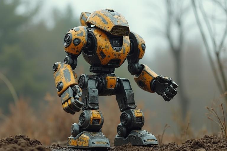 A damaged yellow and black robot standing on the ground. Background is blurred vegetation. Appears rugged and worn as if in a post-apocalyptic scenario.