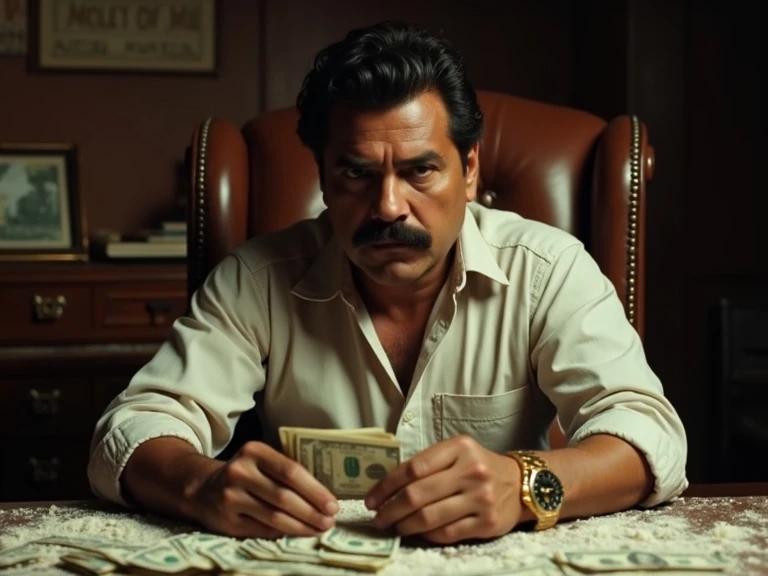 Man sitting in a leather chair behind a wooden desk. The desk is covered in cash and flour. Serious expression while counting money. Thick mustache and wide-collar shirt visible. Gold watch on wrist. Vintage decor in background.