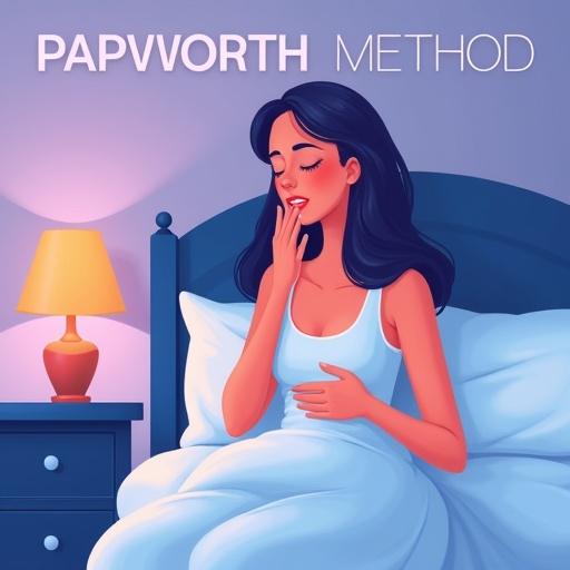 Woman demonstrating Papworth Method. Focus on nasal breathing and controlled exhalation. One hand near nose, one on abdomen. Seated on bed in bedroom scene with bedside table and lamp. Modern realistic high-quality illustration. Purple and blue gradient background. Text 'PAPWORTH METHOD' prominently displayed.