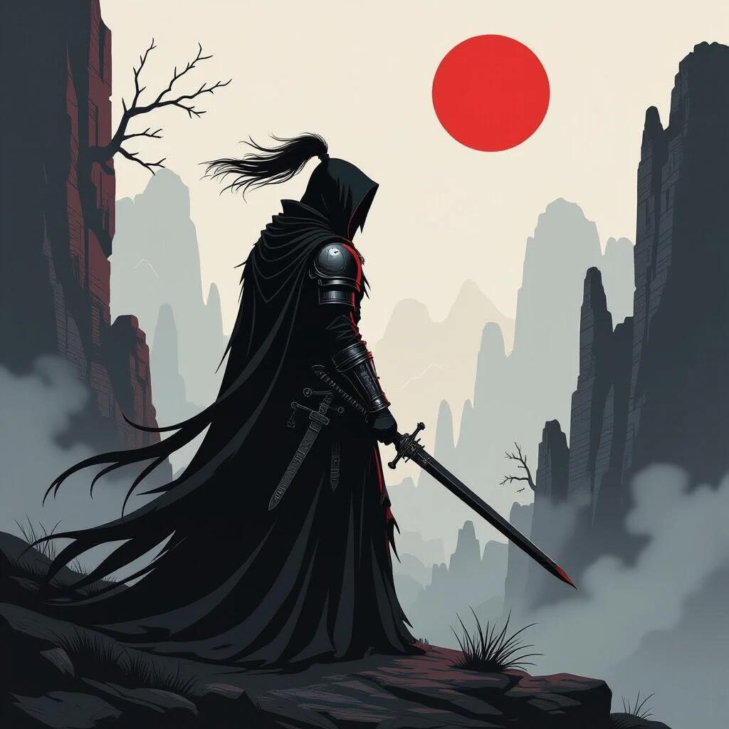 Create an image featuring a cloaked warrior standing atop rugged terrain facing a red sun. The figure holds a sword and is surrounded by dark mountains and mist. Use a limited color palette of black, red, and gray. Emphasize a dark and gritty atmosphere.