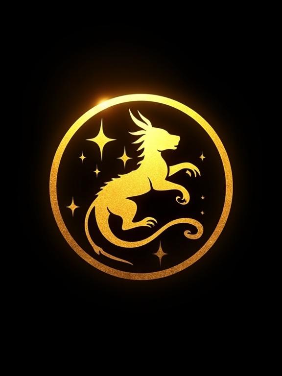 Circular logo symbol showcasing a golden dragon-like creature. Fantasy design with clean lines. High quality representation. Transparent black background. No text included.