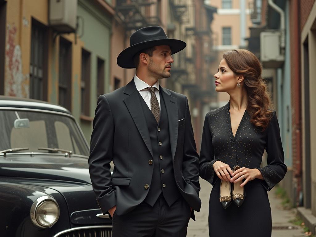 A man and a woman are standing together in an urban setting. The man is dressed in formal attire with a hat, while the woman is in a stylish dress, holding her shoes. In the background, there are old, weathered buildings with windows and metal structures. A vintage black car is parked nearby, adding a classic touch to the scene. The overall mood is nostalgic and glamorous, reminiscent of a different era.