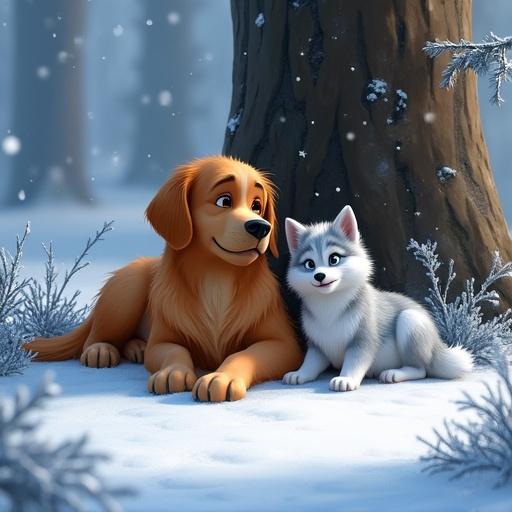 HD Disney Pixar rendering featuring a golden retriever lying beside a small white-gray wolf cub in a snowy clearing. Snowflakes drift around them behind a fallen tree surrounded by frosted bushes and pine needles.