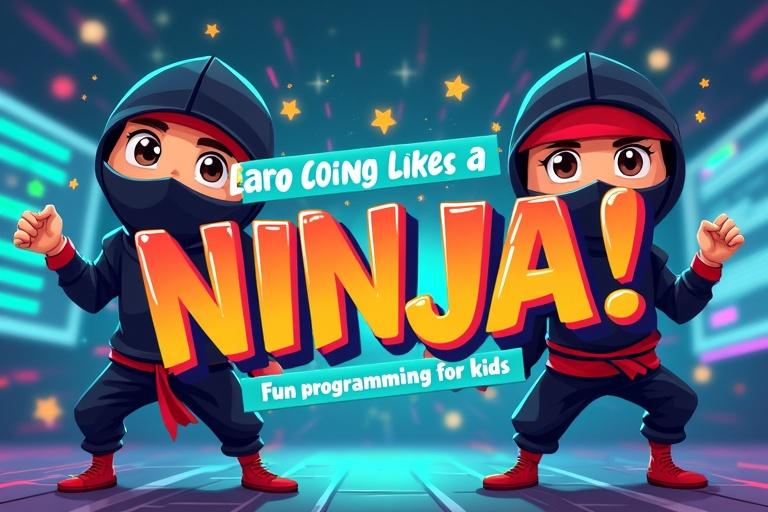 Create a colorful YouTube thumbnail for a children's programming series featuring a ninja theme. Include cartoon-style ninja characters in energetic poses. Show visual cues for coding like code snippets and symbols. Use bold text reading 'Learn Coding Like a Ninja!' with a tagline 'Fun Programming for Kids'. Use bright colors like blues and greens, with a dynamic tech-inspired background. Add motion lines and stars for excitement.