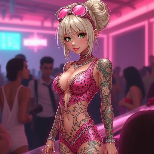 Anime character in a futuristic nightclub. 59-year-old woman with emerald green eyes. Light blonde hair styled in a French bun. Wearing luxurious light pink diamond jewelry. Features include tattoos and a cybernetic leg. The setting is vibrant and high-tech, filled with lively partygoers.