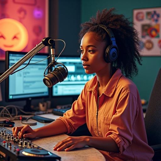Image features a girl DJ from Trinidad in a radio station. She is using DJ equipment and wearing headphones. The setting includes computers and a microphone. Designed in offset printing style.