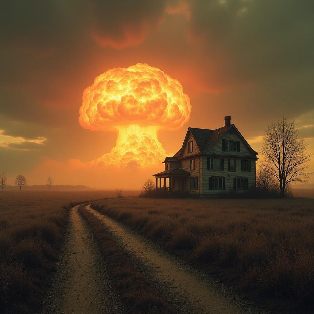 Nuclear fallout depicting a house in the middle of the country. Discoloured sky and abandoned life.