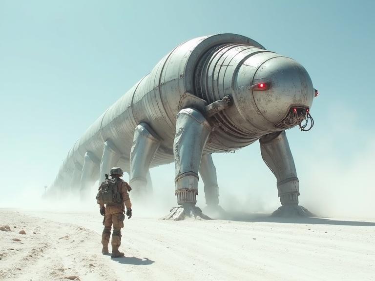 Low camera view looking up. Small soldier standing close to camera. Soldier staring in the distance. Huge bulky silver robot worm with glowing red lights. White desert with dust and dirt. Bright sunny day with blue sky.
