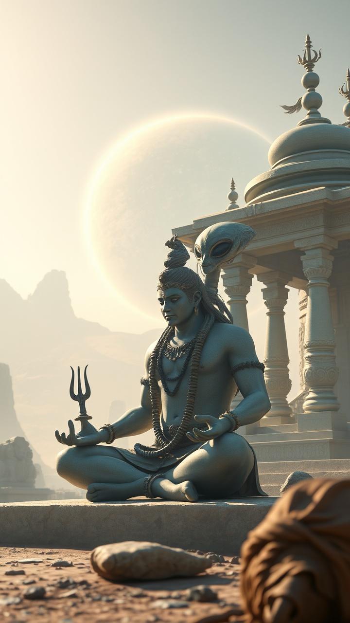 The image depicts a serene setting featuring a deity in meditation, surrounded by an ethereal backdrop of a temple and a celestial body. The statue-like figure is adorned with traditional elements like a trident and prayer beads, symbolizing spirituality. This scene is bathed in soft, warm light, casting gentle shadows that highlight the intricate details and the comparative scale of the architecture and the landscape.