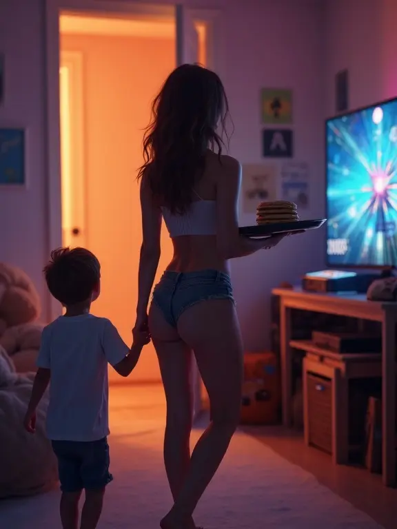 Beautiful mother in booty shorts enters son's gaming room carrying tray of pancakes. Room features soft, ambient lighting with gaming elements.