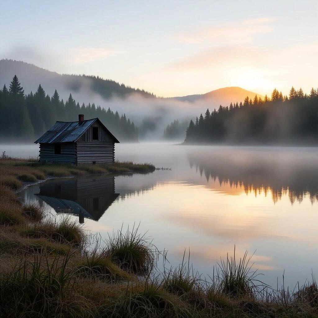Abandoned cabin located beside a glassy lake. Soft fog rises from the water at sunrise. The setting includes lush green grass and trees in the background.