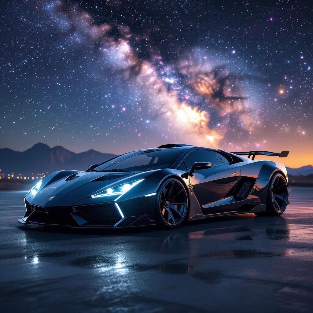 Dark magic epic scenery featuring a parked angular futuristic low rider hypercar. Nighttime scene with a nebula sky and raw photo quality.