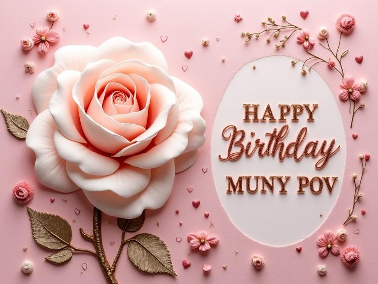 A delicate birthday card features a strikingly realistic white fuchsia rose as the main focus. Set against a blush pink wool felt background, the card evokes beauty and admiration. The rose is embroidered in shades of pink and cream. Tiny hearts and gold highlights accent the design. The greeting text in rose gold says ‘HAPPY BIRTHDAY MUNY POV’. The background gradient transitions to a warmer hue.