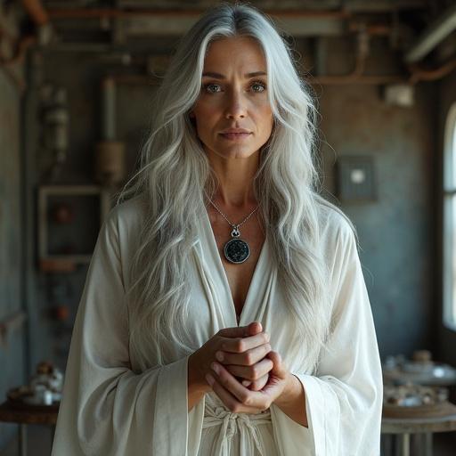 Photorealistic image of a calm woman in her mid-50s. Radiates wisdom. Long silver hair loosely braided with small charms. Wears a translucent white robe. Dark stone pendant on simple cord. Stands in a spaceship mess hall. Listeners by the tables. Visibly planted bare feet. Charismatic presence.