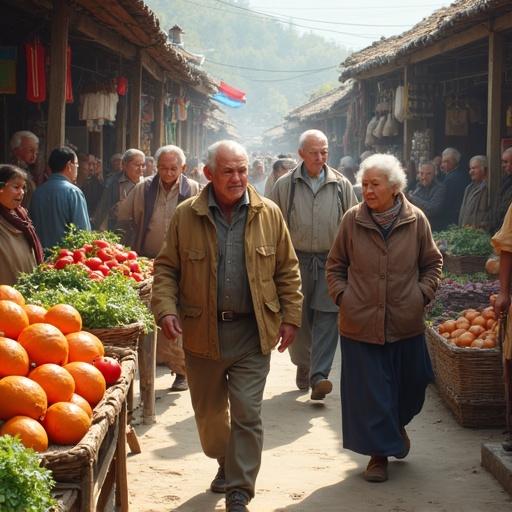 Group of middle-aged and elderly individuals shopping in a lively market. Market displays various fruits and vegetables in baskets. Wooden stalls and huts visible in the background. Bright daylight creates a vibrant atmosphere.