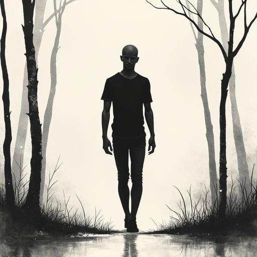 Bald human silhouette with black fill color. Slim tall teen walking in a forest. Monochrome minimalist sketch with delicate ink lines on textured paper. Serene mood inspired by traditional Asian brushwork.