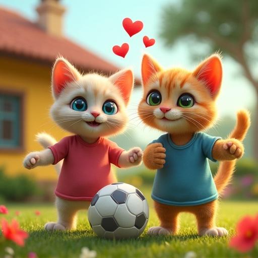 Two anthropomorphic cats in a cheerful country setting. One smaller cat holds a soccer ball with hearts above its head, showing joy. The larger cat, with light fur and big blue eyes, wears a pink shirt and blue skirt, expressing affection and friendship. In the background, a yellow house with a brown roof surrounded by colorful flowers and green trees creates a warm environment.