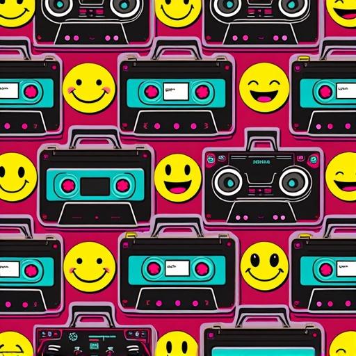 Create seamless pattern of colorful cassette tapes and VHS labels with boomboxes and 90s smiley faces. Include bright neon colors like magenta, teal, yellow, and black. Use a transparent background for a vintage 90s aesthetic. Ensure bold graphic style.
