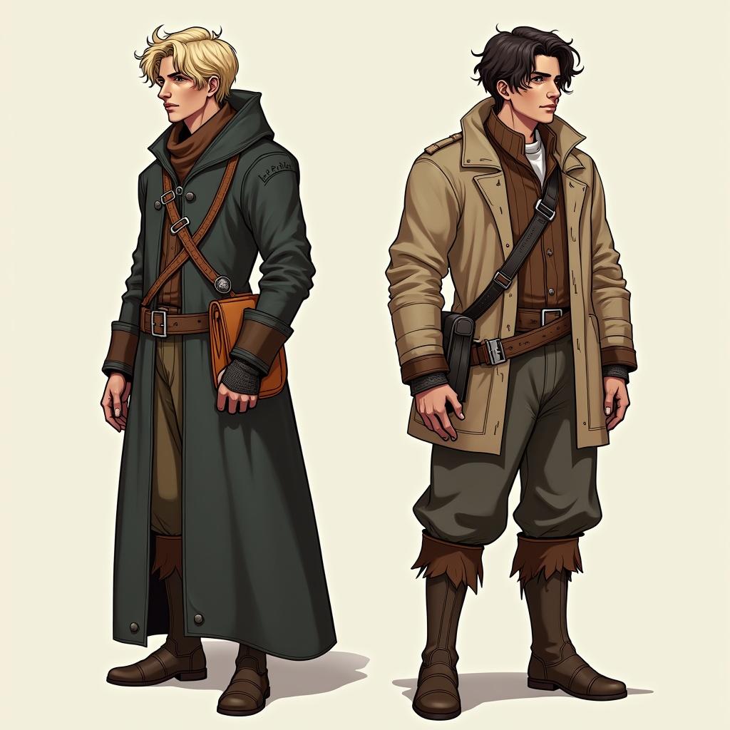 A time traveler character from our world in a fantastical realm. Two characters in stylish, detailed outfits. One wears a dark green coat with a messenger bag. The other dons a light beige coat with trousers. Their contribution of knowledge in technology and science is implied in their design.