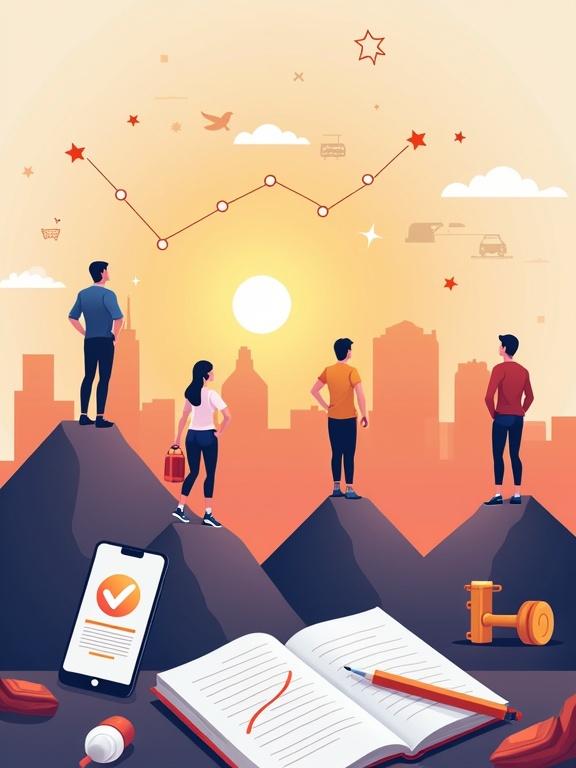 Clean and inspiring lifestyle illustration. Diverse group of people standing on mountain peaks shaped like checkmarks. Looking out at a sunrise over a city skyline. Foreground features a notebook with a pen and a smartphone showing a progress chart. Water bottle and a dumbbell are also visible. Background has roadmap lines and icons representing goals. Warm sunrise tones and soft gradients used. Semi-realistic and modern art style.