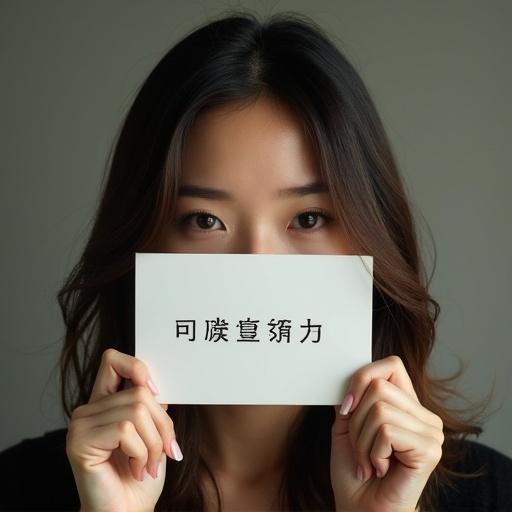 A woman with long hair holds a card with Chinese characters in front of her face.