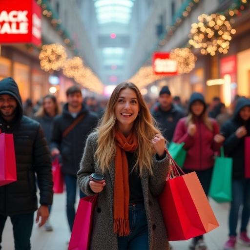 A crowded shopping mall scene during Black Friday. Excited shoppers carry colorful bags. Vibrant storefronts display large SALE signs. Holiday decorations are evident. Expressions show joy and determination. Dynamic lighting enhances the scene. Photorealistic appearance.