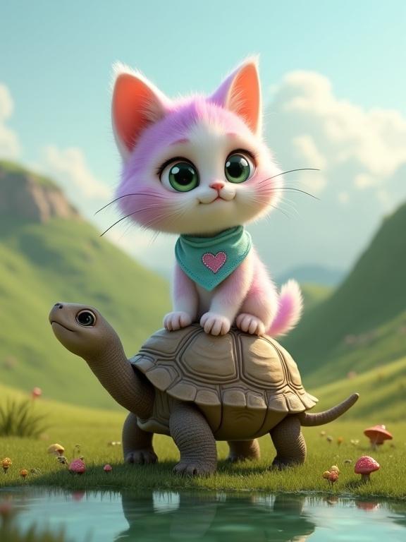 Fluffy anthropomorphic kitten with pastel pink and lavender fur. Creamy white belly, large expressive green eyes. Oversized Pixar-style head, soft rounded features. Tiny paws and perky ears. Light blue bandana with pink heart. Riding on giant tortoise. Beside tranquil pond in lush green landscape. Rolling hills and cloudy sky in background. Small mushrooms near water.