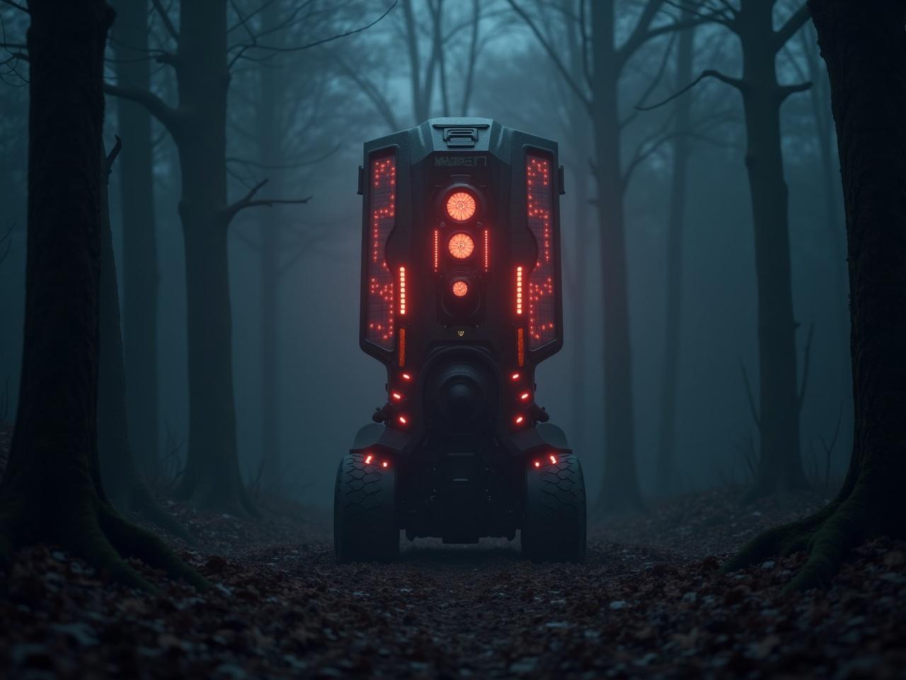 A mysterious high-tech device stands in a dark, misty forest, casting an eerie glow with its neon lights. Surrounded by looming trees, the atmosphere feels both futuristic and unsettling. The device is sleek and imposing, hinting at advanced technology. Dense fog swirls through the scene, enhancing the sense of mystery. This artwork evokes curiosity about its origins and purpose, making it perfect for science fiction themes.