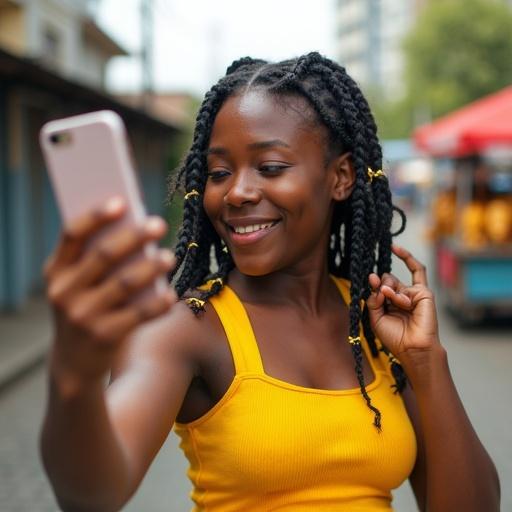 A 17-year-old Nigerian girl poses for a friend’s camera on a Lagos street. She holds her phone in one hand. Hair styled in bold braids with gold beads. Wearing a bright yellow crop top. Afternoon sun highlights her features. Skin shows natural pores. Small acne scar on her chin. She laughs adjusting her pose. Dimples deepen. Blurred street vendor’s cart with roasted corn in the background. Vibrant urban setting with dynamic energy and natural smile.