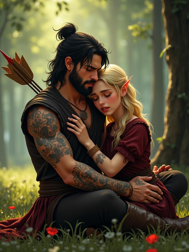 A girl in fantasy warrior clothes cradles an injured man on a forest floor. She has tattoos and a pixie cut. He is muscular with dark hair and tattoos. The girl soothes him as he rests in her lap.