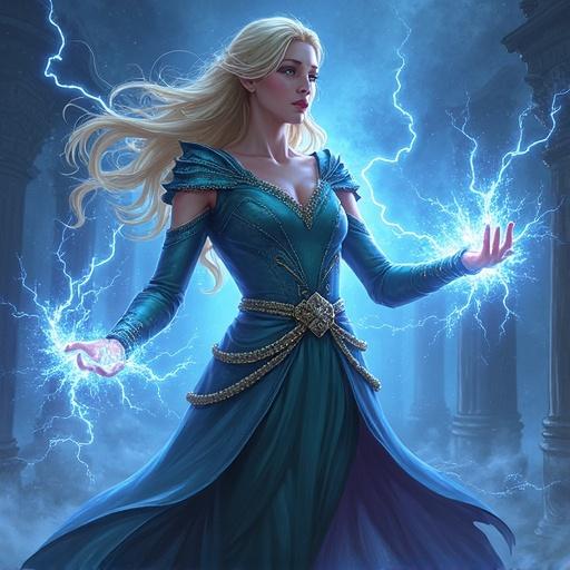 A sorceress casts lightning from her hands. The surroundings depict an epic battle atmosphere. Intricate detailing highlights her dress and hair. The pose conveys dynamic energy.
