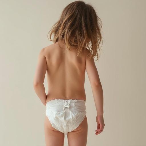 Back view of a young girl wearing a diaper. Soft natural light enhances the neutral color palette. Focus on innocent childhood moment.
