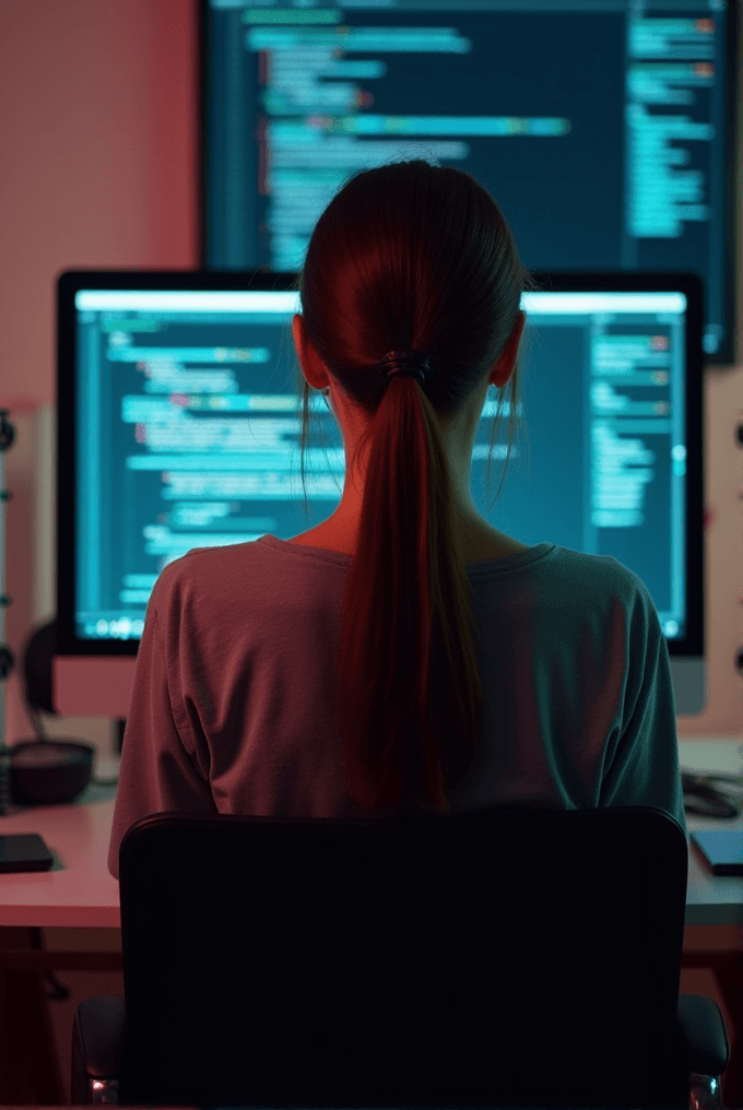 A person with long hair in a ponytail sits in front of multiple computer monitors displaying lines of code.