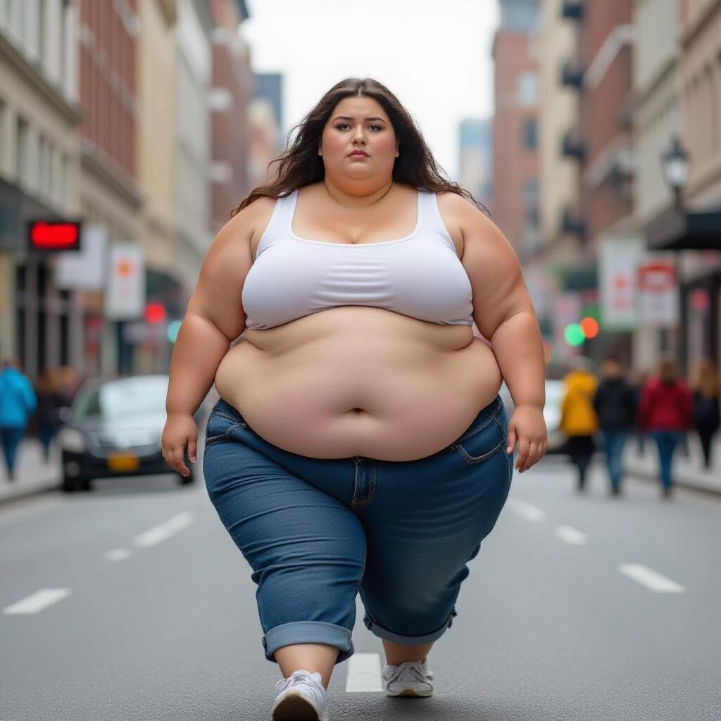 Full-figured woman walks confidently down a city street wearing casual clothing. The scene captures her presence in an urban environment with passersby visible in the background.