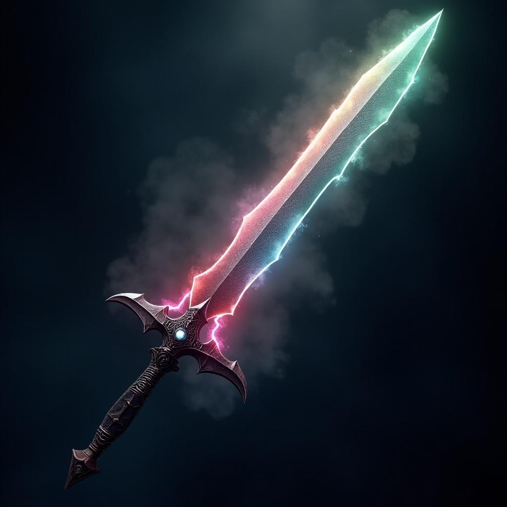 A beautifully designed fantasy sword features a glowing blade with multiple colors in a Damascus style. The blade has intricate details and a shimmering effect. The hilt is ornate with dark and metallic colors. A misty aura surrounds the sword, adding depth and intrigue. This visual evokes adventure and heroism, perfect for fantasy themes.