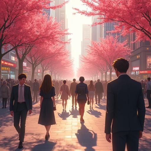 Futuristic city landscape featuring cherry blossom trees. Busy modern avenue filled with stylishly dressed people. Bright morning light enhances the scenery.