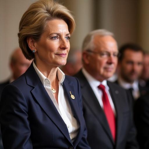 The youngest Chancellor in the history of Austria being inaugurated. A formal setting with several officials present. Expression of confidence and leadership on the main subject's face.