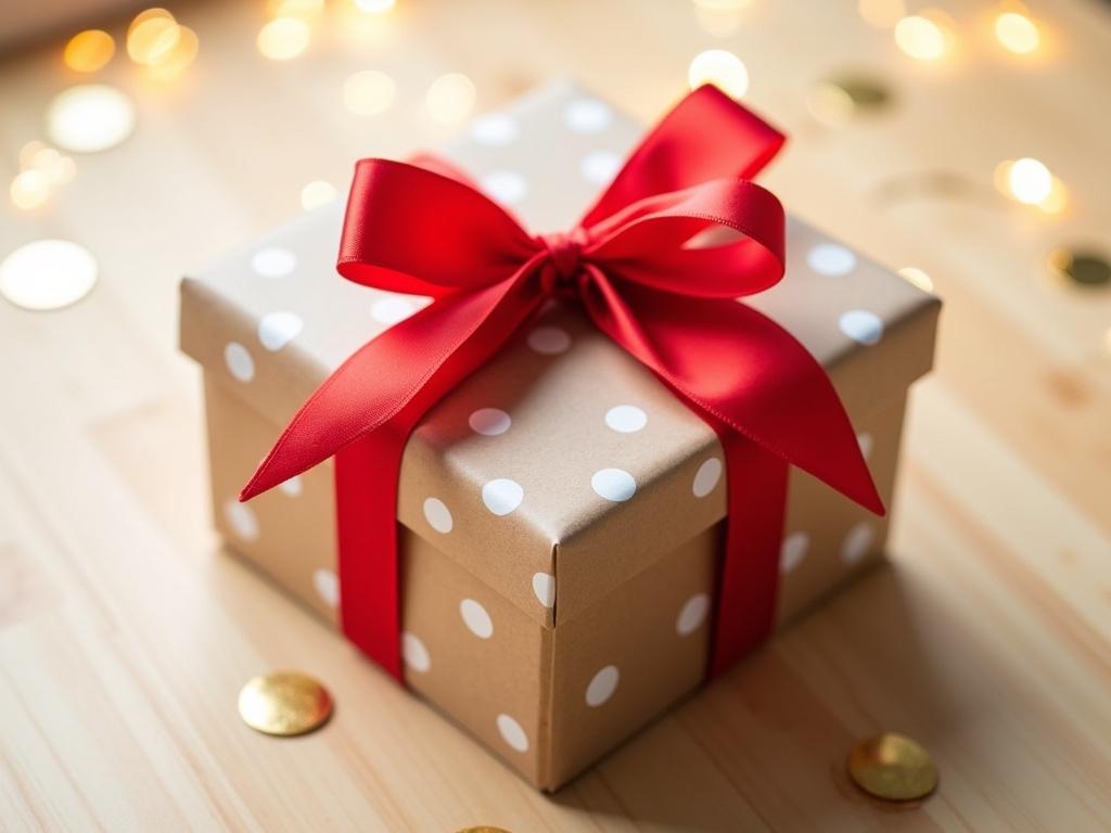 The image features a beautifully wrapped gift box, square in shape, adorned with a vibrant red ribbon tied into a bow. The box has a brown paper exterior with white polka dots scattered across its surface. It is placed on a light-colored wooden surface, and the background is subtly filled with round, golden confetti that adds a festive touch. The lighting is soft, creating a warm and inviting atmosphere.