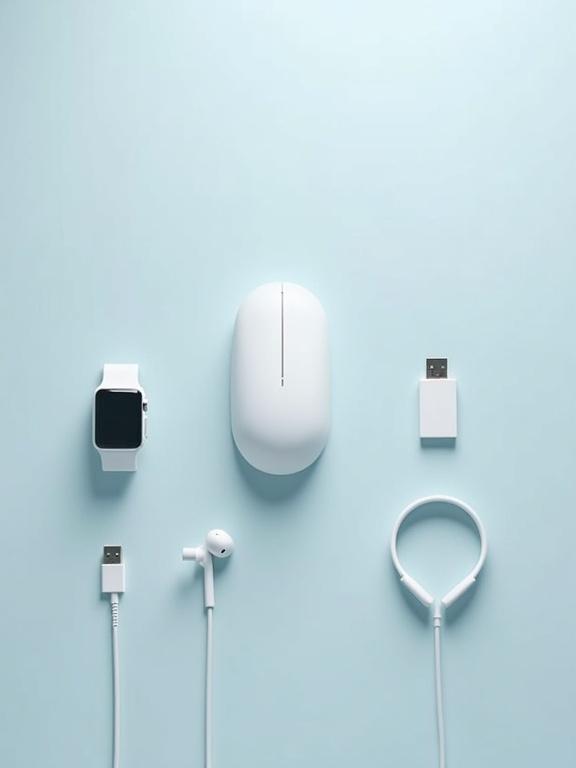 Minimalist flat lay features five everyday tech gadgets. USB cable, wireless mouse, headphones, smartwatch, flash drive arranged on a soft gradient background. View from above with clean edges and soft shadows. Focus on sleek shapes and simplicity without text or logos.